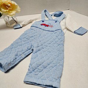 Vintage Chandler 2pc Baby Boy Blue Tow Car Jumper Overalls Set Made in USA 3 m